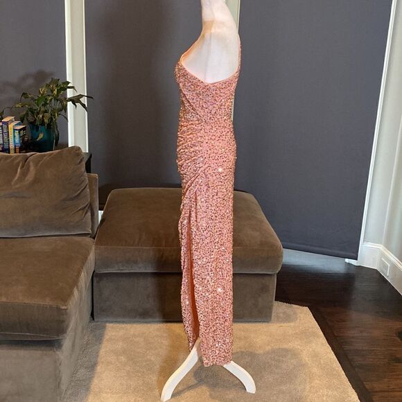 Women’s One Shoulder Pink Sequined Formal Prom Dress Long Leg Slit Size S NWOT - Picture 7 of 11